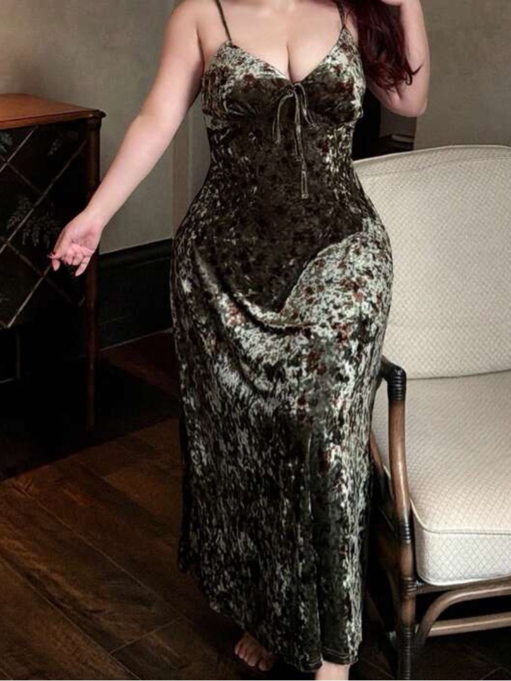 Velvet floral Slip Maxi Dress in Olive Green